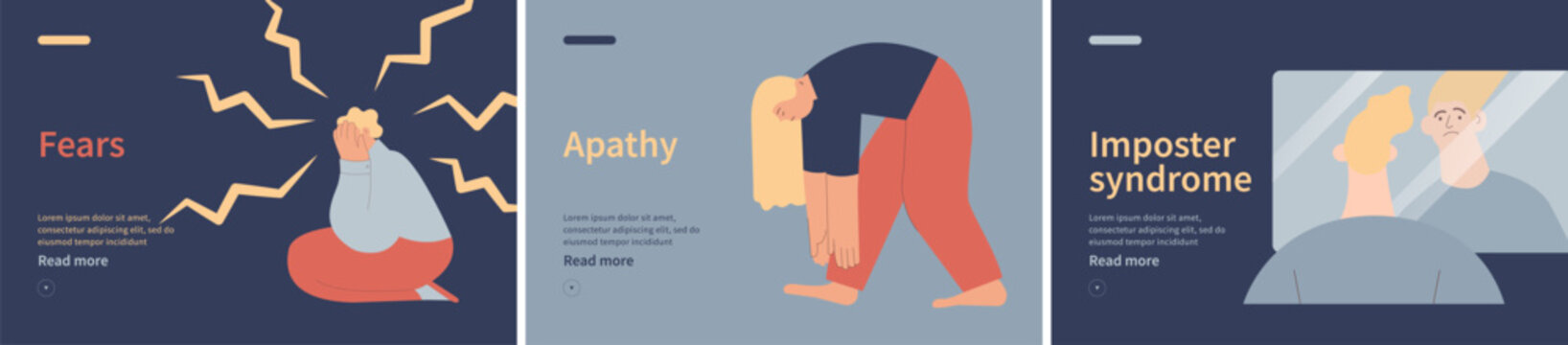 Collection of banners. Fears, Imposter syndrome, Apathy. Mental disorders. Modern flat vector illustrations