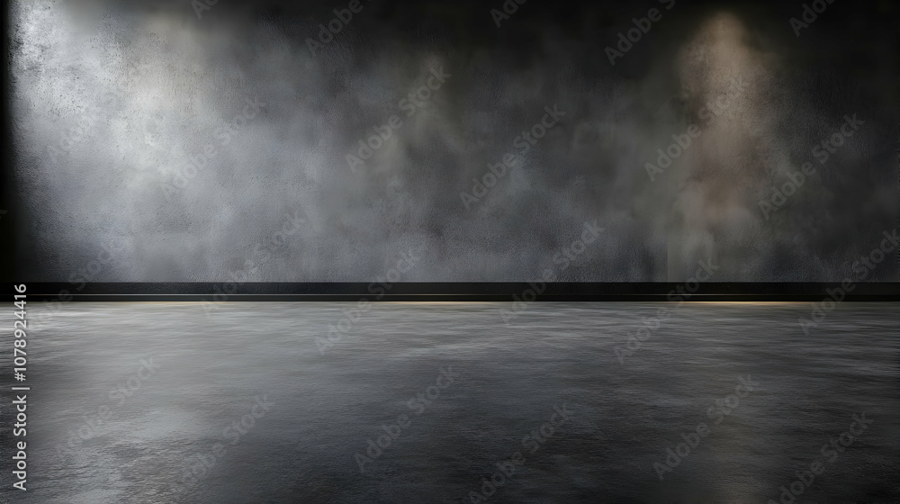 Poster 3d render of a dark and empty room with concrete wall and floor, spotlights casting shadows, empty f