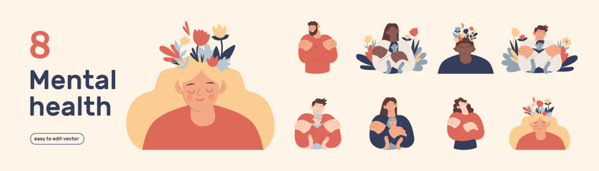 Mental health and psychology set. Different mental health problems, mindfulness, treatment techniques. Modern vector illustrations