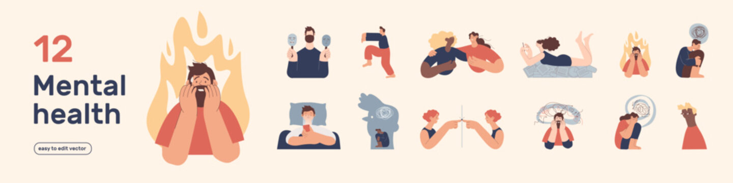 Mental health and psychology set. Different mental health problems, psychological disorders, treatment techniques. Modern vector illustrations