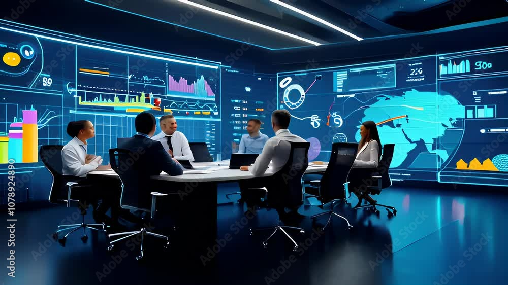Poster a futuristic business meeting with professionals analyzing data visualizations on digital screens in