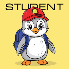 Cartoon vector character Penguin with backpack goes to school, yellow background