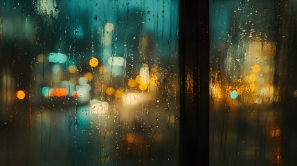 Photograph of a rainy night city through a window, with blurred lights and bokeh, raindrops on the glass
