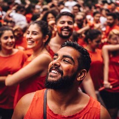Obraz premium Design an image of La Tomatina participants in a full shot from an eye-level angle. Use shallow focus to make the tomato fight scene vibrant and lively, emphasizing the interaction between participant