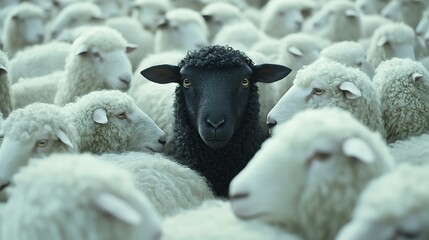 A single black sheep stands out from a crowd of white sheep, looking directly at the viewer.