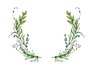 Watercolor winter round symmetrical wreath frame with evergreen branches, green thuja, rosemary, black dry twigs, curl plants. Christmas and New Year hand drawn illustration. Artistic template design.