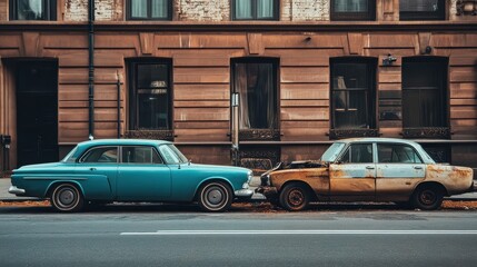 Inequality symbolized by contrasting cars: luxury car vs. old, broken-down vehicle