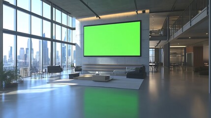 Naklejka premium Large green screen television in a modern loft with open space and urban view