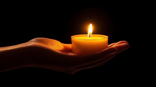 A single burning candle held in an outstretched hand against a black background.