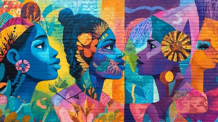 Fototapeta premium A vibrant and colorful mural depicting community and culture, ideal for urban art projects.