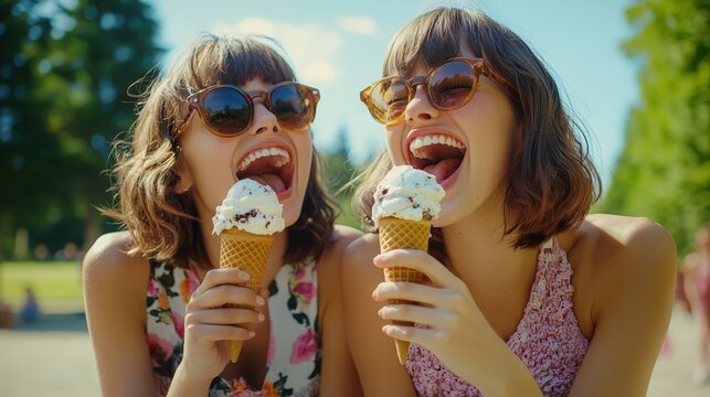 Twin Sisters Enjoying Summer Ice Cream Treats