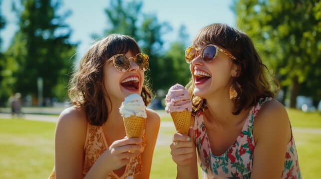 Twin Sisters Enjoying Ice Cream on a Sunny Day