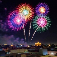 3d art illustrationof Diwali fireworks from an eye-level perspective. Use rack focus to highlight the spectacular colors and patterns of the fireworks, with a blurred backdrop to keep the attention on