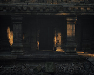 Ruins of an ancient temple lit by dappled sunlight in forest. 3D render.