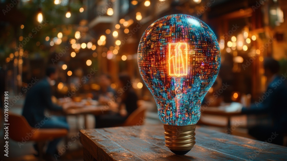 Poster glowing light bulb with digital pattern on wooden table in a cafe.