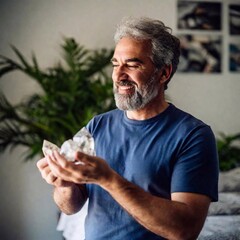 middle age man smiling holding crystals