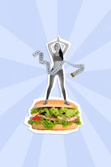 Brochure collage of young focused sportswoman training gymnastics stay on big burger cheat meal...
