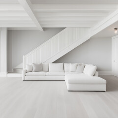 A white living room with a white couch and white stairs