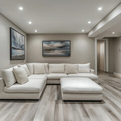 Fototapeta premium A living room with a white couch and a white ottoman