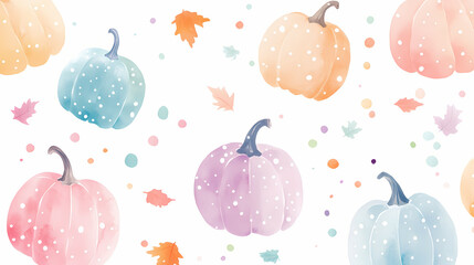 Watercolor pastel cute pumpkins clipart, with polka dots and fall leaves, in different sizes, on a white background, in pastel colors of pink, blue, orange, green, and purple. Pastel. Illustration