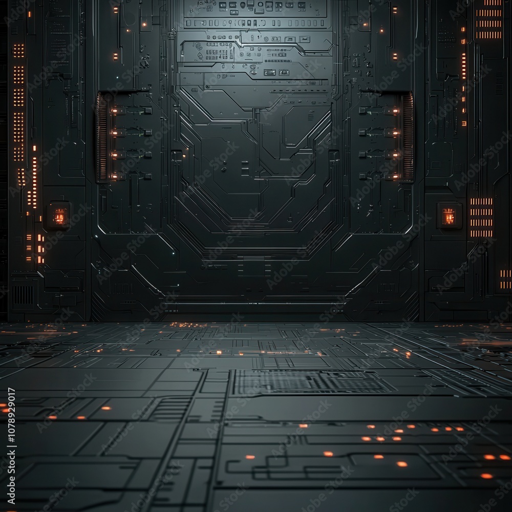 Poster futuristic interface showcasing a detailed circuit board design with glowing elements, perfect for t