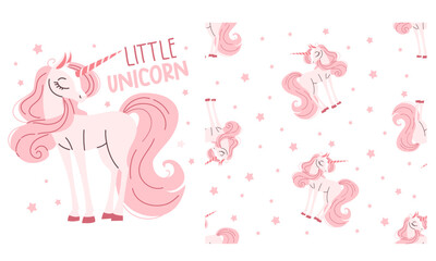 Collection of vector prints for printing on children's products. Cute magical pink unicorn and lettering on white background. Seamless vector pattern. Vector illustration © Alena