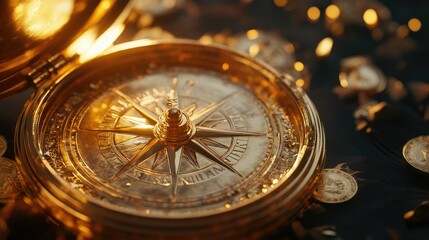 Golden compass pointing to wealth and finance
