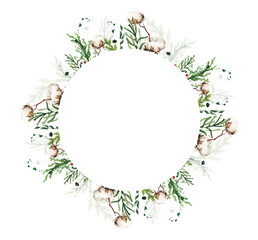 Watercolor Christmas evergreen branches round frame bouquet with cotton flower, thuja, black twigs, red cranberries. New Year hand drawn illustration. Artistic template design.