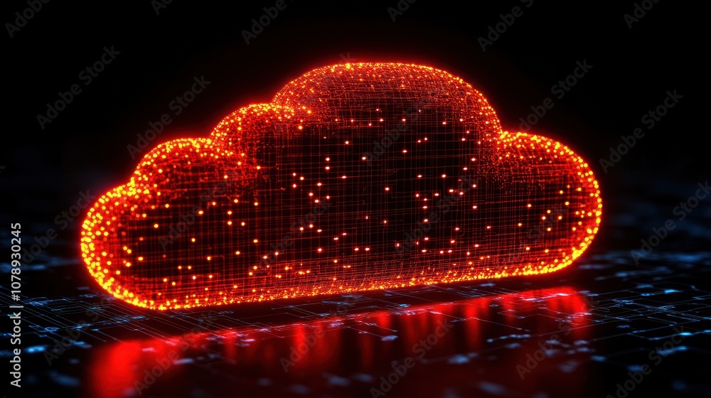 Poster glowing red cloud computing symbol on a circuit board.