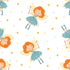 Seamless vector pattern in a simple childish style. Cute fairy with magic wand and wings, stars. Vector illustration