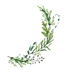 Watercolor winter evergreen branches semicircular border bouquet with green thuja, rosemary, juniper, black twigs. New Year hand drawn illustration. Artistic template design.