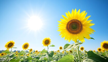 A vibrant sunflower field under a clear blue sky. Perfect for cheerful and uplifting visuals.