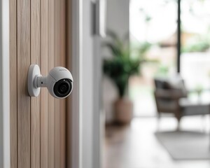 Suburban home entrance with closedcircuit cameras monitoring the front door, motion alerts triggered by a delivery, realtime footage on a tablet