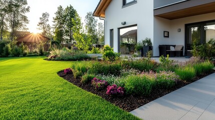 Obraz premium Suburban backyard with motiondetecting cameras focused on the garden, alerts displayed on a smart home panel, warm afternoon sun