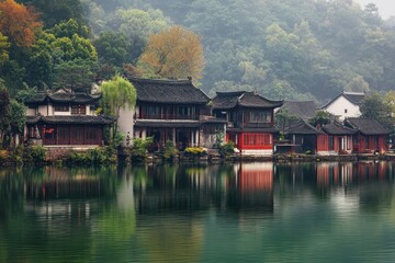 Obraz premium Traditional Chinese houses on lakeside with lush green forest and reflections in water. Scenic cultural heritage concept