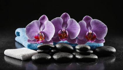 Three purple orchids rest on a blue towel atop black stones on a dark background