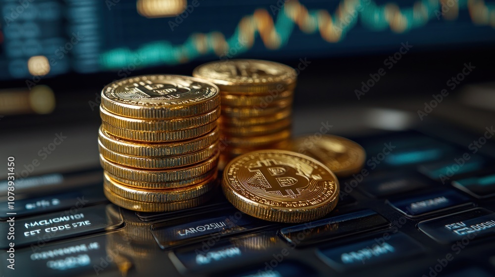 Poster gold bitcoin coins stacked on a keyboard with a chart in the background.