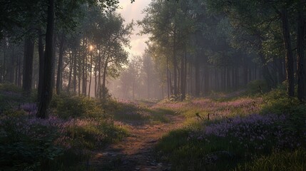 Fototapeta premium Serene Forest Pathway Bathed in Soft Morning Light with Blooming Wildflowers and Majestic Trees, Creating a Tranquil Natural Atmosphere for Outdoor Exploration