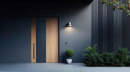 Home entrance with a sleek motiondetecting camera above the door, live footage streaming on a home security screen, early evening ambiance