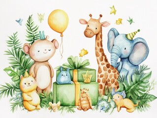 Fototapeta premium Beautiful birthday card design with watercolor animals and ecological toys
