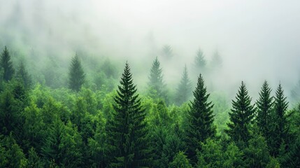 Lush Green Forest Surrounded by Soft Mist and Fog, Creating a Tranquil and Serene Atmosphere in the Heart of Nature's Wilderness