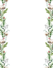 Watercolor Christmas evergreen branches seamless border with cotton flower, thuja, black twigs. Red cranberries. Winter bouquet. New Year hand drawn illustration. Artistic template design.