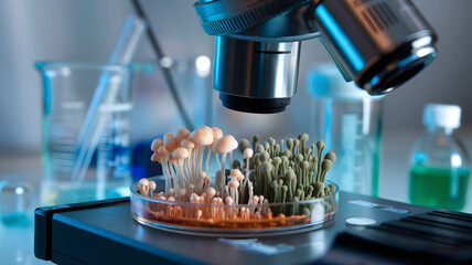 Close-up of a microscope focusing on a petri dish with various types of fungi growing, symbolizing scientific research and the importance of fungus study in microbiology.