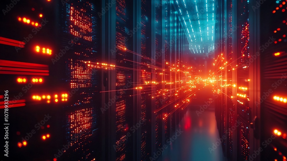 Poster futuristic quantum data center with glowing beams of light representing efficient quantum informatio