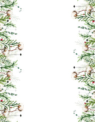 Fototapeta premium Watercolor Christmas evergreen branches seamless border with cotton flower, thuja, black twigs. Red cranberries. Winter bouquet. New Year hand drawn illustration. Artistic template design.