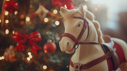 Rocking horse in a beautiful living room with Christmas tree and winter decorations. Amazing gift under Christmas tree.