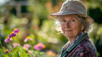 Thoughtful elderly woman wearing a hat, surrounded by garden flowers. Nature, senior lifestyle, outdoor relaxation, aging gracefully