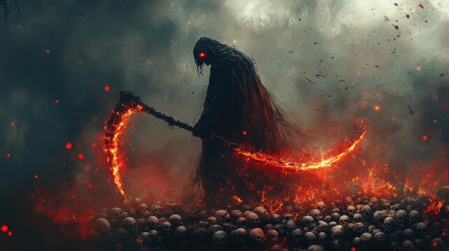 Grim reaper with scythe. Fire, smoke. Halloween theme poster.