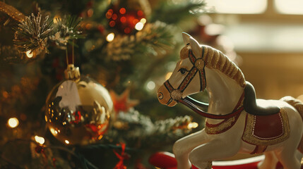 Rocking horse in a beautiful living room with Christmas tree and winter decorations. Amazing gift under Christmas tree.