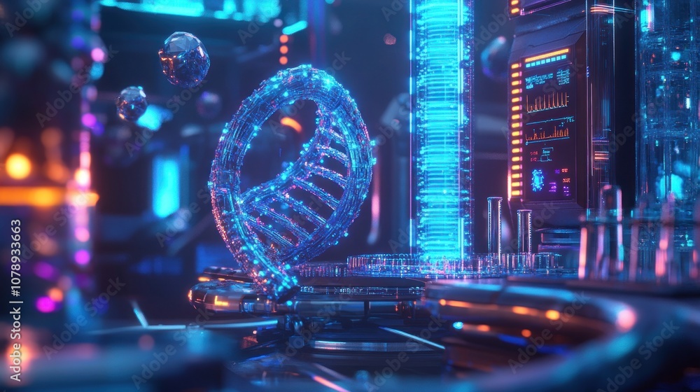 Aufkleber a futuristic digital scene featuring glowing structures and data displays.
